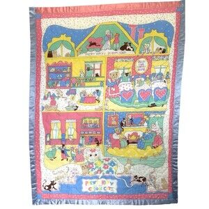 Vintage 80s Pretty Kitty Cuddle Cats Quilt Blanket Satin Trim Dream House Rare